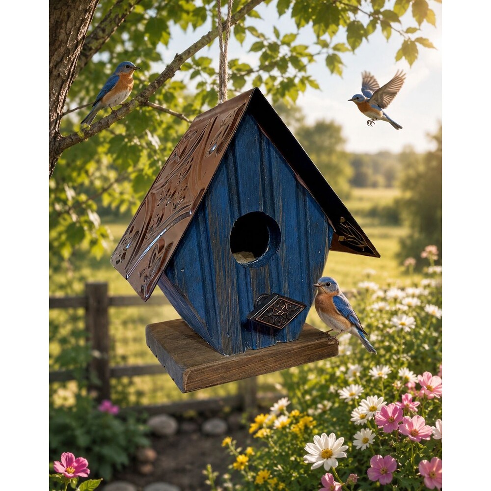 Blue Rustic Cypress Birdhouse Bird House Cottage Garden Decor 8" Handmade NEW